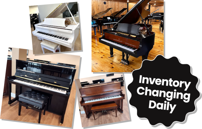 Multiple used Pianos for sale and a badge about inventory changing daily